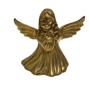 Vintage Brass Angel with Harp Figurine Bell Religious Decor 3.5" Made in India